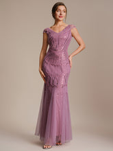 Load image into Gallery viewer, Color=Orchid | One Stop Shop Short Sleeves Off Shoulder Fishtail Embroidered Evening Dresses 1