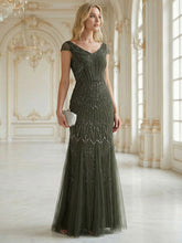 Load image into Gallery viewer, One Stop Shop Short Sleeves Off Shoulder Fishtail Embroidered Evening Dresses
