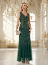 Load image into Gallery viewer, Commercial Wholesale Sleeveless High Stretch Fishtail Beaded V-Neck Evening Dresses