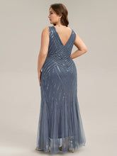 Load image into Gallery viewer, Color=Dusty Blue | Commercial Wholesale Sleeveless High Stretch Fishtail Beaded V-Neck Evening Dresses-Dusty Blue 17