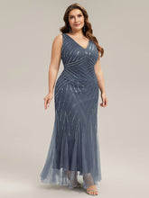 Load image into Gallery viewer, Color=Dusty Blue | Commercial Wholesale Sleeveless High Stretch Fishtail Beaded V-Neck Evening Dresses-Dusty Blue 20