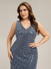 Load image into Gallery viewer, Color=Dusty Blue | Commercial Wholesale Sleeveless High Stretch Fishtail Beaded V-Neck Evening Dresses-Dusty Blue 18