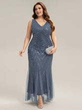 Load image into Gallery viewer, Color=Dusty Blue | Commercial Wholesale Sleeveless High Stretch Fishtail Beaded V-Neck Evening Dresses-Dusty Blue 16