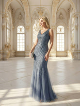Load image into Gallery viewer, Commercial Wholesale Sleeveless High Stretch Fishtail Beaded V-Neck Evening Dresses