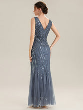 Load image into Gallery viewer, Color=Dusty Blue | Commercial Wholesale Sleeveless High Stretch Fishtail Beaded V-Neck Evening Dresses-Dusty Blue 12