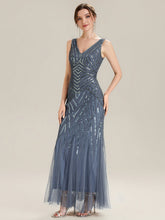 Load image into Gallery viewer, Color=Dusty Blue | Commercial Wholesale Sleeveless High Stretch Fishtail Beaded V-Neck Evening Dresses-Dusty Blue 14