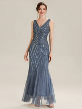 Load image into Gallery viewer, Color=Dusty Blue | Commercial Wholesale Sleeveless High Stretch Fishtail Beaded V-Neck Evening Dresses-Dusty Blue 15