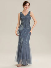 Load image into Gallery viewer, Color=Dusty Blue | Commercial Wholesale Sleeveless High Stretch Fishtail Beaded V-Neck Evening Dresses-Dusty Blue 11