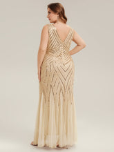 Load image into Gallery viewer, Color=Gold | Commercial Wholesale Sleeveless High Stretch Fishtail Beaded V-Neck Evening Dresses-Gold 27