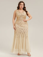 Load image into Gallery viewer, Color=Gold | Commercial Wholesale Sleeveless High Stretch Fishtail Beaded V-Neck Evening Dresses-Gold 30