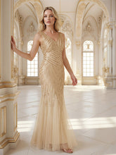 Load image into Gallery viewer, Commercial Wholesale Sleeveless High Stretch Fishtail Beaded V-Neck Evening Dresses