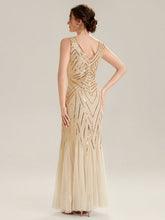 Load image into Gallery viewer, Color=Gold | Commercial Wholesale Sleeveless High Stretch Fishtail Beaded V-Neck Evening Dresses-Gold 22