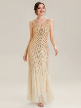 Load image into Gallery viewer, Color=Gold | Commercial Wholesale Sleeveless High Stretch Fishtail Beaded V-Neck Evening Dresses-Gold 24