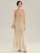 Load image into Gallery viewer, Color=Gold | Commercial Wholesale Sleeveless High Stretch Fishtail Beaded V-Neck Evening Dresses-Gold 25
