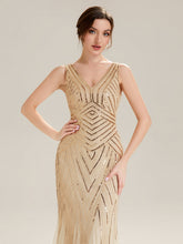 Load image into Gallery viewer, Color=Gold | Commercial Wholesale Sleeveless High Stretch Fishtail Beaded V-Neck Evening Dresses-Gold 23