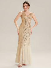 Load image into Gallery viewer, Color=Gold | Commercial Wholesale Sleeveless High Stretch Fishtail Beaded V-Neck Evening Dresses-Gold 21