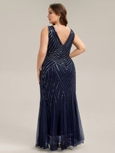 Load image into Gallery viewer, Color=Navy Blue | Commercial Wholesale Sleeveless High Stretch Fishtail Beaded V-Neck Evening Dresses-Navy Blue 37