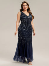 Load image into Gallery viewer, Color=Navy Blue | Commercial Wholesale Sleeveless High Stretch Fishtail Beaded V-Neck Evening Dresses-Navy Blue 40