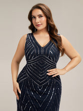 Load image into Gallery viewer, Color=Navy Blue | Commercial Wholesale Sleeveless High Stretch Fishtail Beaded V-Neck Evening Dresses-Navy Blue 38