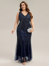 Load image into Gallery viewer, Color=Navy Blue | Commercial Wholesale Sleeveless High Stretch Fishtail Beaded V-Neck Evening Dresses-Navy Blue 36