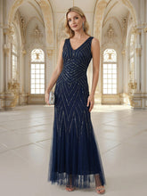 Load image into Gallery viewer, Commercial Wholesale Sleeveless High Stretch Fishtail Beaded V-Neck Evening Dresses