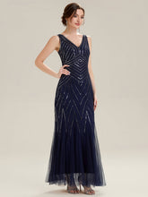 Load image into Gallery viewer, Color=Navy Blue | Commercial Wholesale Sleeveless High Stretch Fishtail Beaded V-Neck Evening Dresses-Navy Blue 34