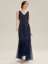 Load image into Gallery viewer, Color=Navy Blue | Commercial Wholesale Sleeveless High Stretch Fishtail Beaded V-Neck Evening Dresses-Navy Blue 35