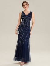 Load image into Gallery viewer, Color=Navy Blue | Commercial Wholesale Sleeveless High Stretch Fishtail Beaded V-Neck Evening Dresses-Navy Blue 31