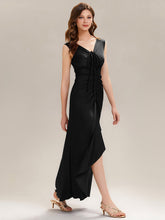 Load image into Gallery viewer, Color=Black | Industrial Use Sleeveless V-Neck High Stretch Bodycon Maxi Dress with Ruffles Evening Dresses-Black 4