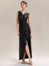 Load image into Gallery viewer, Color=Black | Industrial Use Sleeveless V-Neck High Stretch Bodycon Maxi Dress with Ruffles Evening Dresses-Black 5