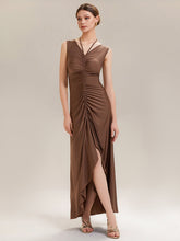Load image into Gallery viewer, Color=Brown | Industrial Use Sleeveless V-Neck High Stretch Bodycon Maxi Dress with Ruffles Evening Dresses-Brown 10