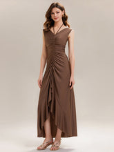 Load image into Gallery viewer, Color=Brown | Industrial Use Sleeveless V-Neck High Stretch Bodycon Maxi Dress with Ruffles Evening Dresses-Brown 6