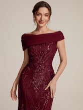 Load image into Gallery viewer, Burgundy | Sequined Off-Shoulder Crepe Maxi Wholesale Evening Dress-Burgundy