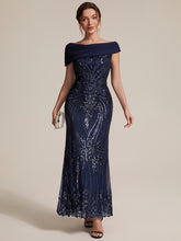 Load image into Gallery viewer, Navy Blue | Sequined Off-Shoulder Crepe Maxi Wholesale Evening Dress-Navy Blue