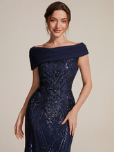 Load image into Gallery viewer, Navy Blue | Sequined Off-Shoulder Crepe Maxi Wholesale Evening Dress-Navy Blue