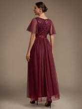 Load image into Gallery viewer, Burgundy | Wholesale Pricing Plus Size Ruffle Sleeve Tulle Sequin A-Line Round Neck Evening Dresses-Burgundy