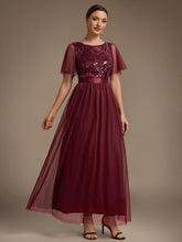 Load image into Gallery viewer, Burgundy | Wholesale Pricing Plus Size Ruffle Sleeve Tulle Sequin A-Line Round Neck Evening Dresses-Burgundy