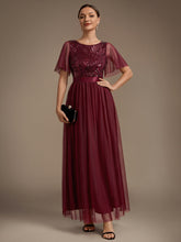 Load image into Gallery viewer, Burgundy | Wholesale Pricing Plus Size Ruffle Sleeve Tulle Sequin A-Line Round Neck Evening Dresses-Burgundy