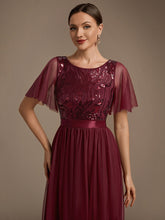 Load image into Gallery viewer, Burgundy | Wholesale Pricing Plus Size Ruffle Sleeve Tulle Sequin A-Line Round Neck Evening Dresses-Burgundy