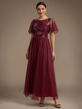 Load image into Gallery viewer, Burgundy | Wholesale Pricing Plus Size Ruffle Sleeve Tulle Sequin A-Line Round Neck Evening Dresses-Burgundy