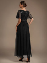 Load image into Gallery viewer, Black | Wholesale Pricing Plus Size Ruffle Sleeve Tulle Sequin A-Line Round Neck Evening Dresses-Black