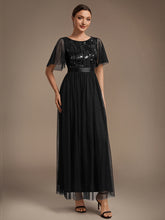 Load image into Gallery viewer, Black | Wholesale Pricing Plus Size Ruffle Sleeve Tulle Sequin A-Line Round Neck Evening Dresses-Black