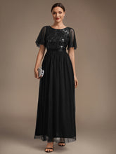 Load image into Gallery viewer, Black | Wholesale Pricing Plus Size Ruffle Sleeve Tulle Sequin A-Line Round Neck Evening Dresses-Black