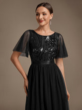 Load image into Gallery viewer, Black | Wholesale Pricing Plus Size Ruffle Sleeve Tulle Sequin A-Line Round Neck Evening Dresses-Black