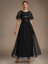 Load image into Gallery viewer, Black | Wholesale Pricing Plus Size Ruffle Sleeve Tulle Sequin A-Line Round Neck Evening Dresses-Black