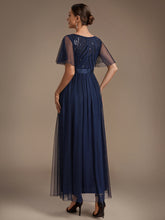 Load image into Gallery viewer, Navy Blue | Wholesale Pricing Plus Size Ruffle Sleeve Tulle Sequin A-Line Round Neck Evening Dresses-Navy Blue