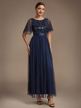 Load image into Gallery viewer, Navy Blue | Wholesale Pricing Plus Size Ruffle Sleeve Tulle Sequin A-Line Round Neck Evening Dresses-Navy Blue