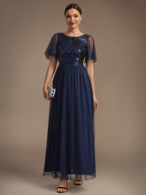 Load image into Gallery viewer, Navy Blue | Wholesale Pricing Plus Size Ruffle Sleeve Tulle Sequin A-Line Round Neck Evening Dresses-Navy Blue