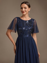 Load image into Gallery viewer, Navy Blue | Wholesale Pricing Plus Size Ruffle Sleeve Tulle Sequin A-Line Round Neck Evening Dresses-Navy Blue