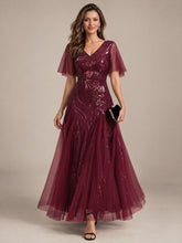 Load image into Gallery viewer, Burgundy | Industrial Use Plus Size Short Ruffle Sleeve Sequin A-Line V-Neck Maxi Evening Dresses-Burgundy